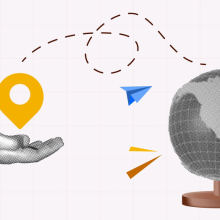 collage style illustration of hand holding map pin with dotted line to globe