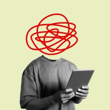 collage-style image of man's body holding tablet with red tangled line as head