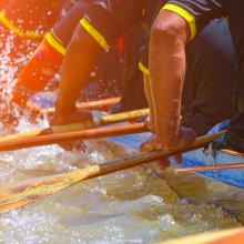 photo of people paddling a boat together