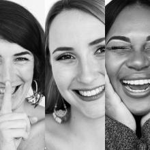 black and white portraits of women smiling