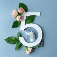 numeral five against blue background with florals